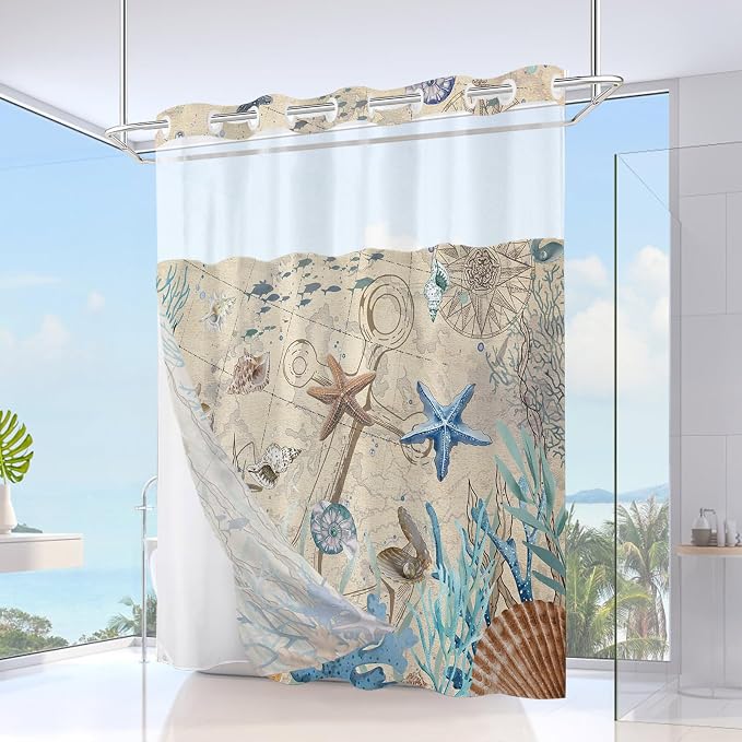 No Hook Shower Curtain and Liner Set, Retro Brown Beach Coastal 71x84 | Nautical Ocean for Bathroom, with Snap in Liner Replacement, Mesh Top Window, Waterproof, Machine Washable, Quick-Drying