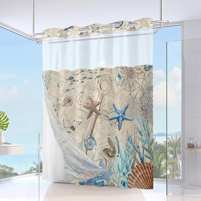 No Hook Shower Curtain and Liner Set, Retro Brown Beach Coastal 71x84 | Nautical Ocean for Bathroom, with Snap in Liner Replacement, Mesh Top Window, Waterproof, Machine Washable, Quick-Drying