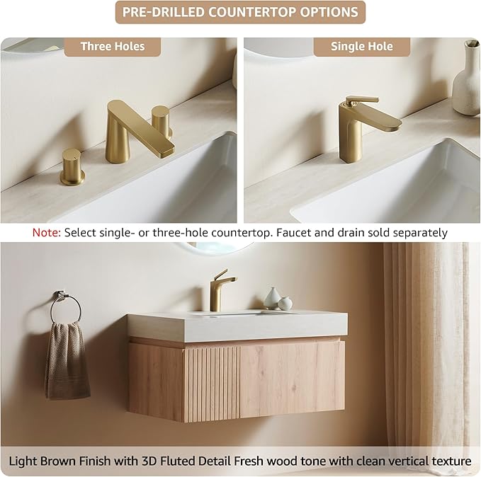 36” Floating Bathroom Vanity with Sink, Wall-Mounted Cabinet with Drawer & Doors, Roma Travertine-Pattern Countertop, Undermount Basin, Single Faucet Hole, Soft-Close, Pre-Assembled, Light Oak