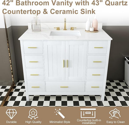 42 Inch Bathroom Vanity with Sink&Countertop,Carrara White Quartz Counter Top with Sink&Backsplash,White Bathroom Cabinet Set with 2 Doors and 9 Drawer(Three Holes)