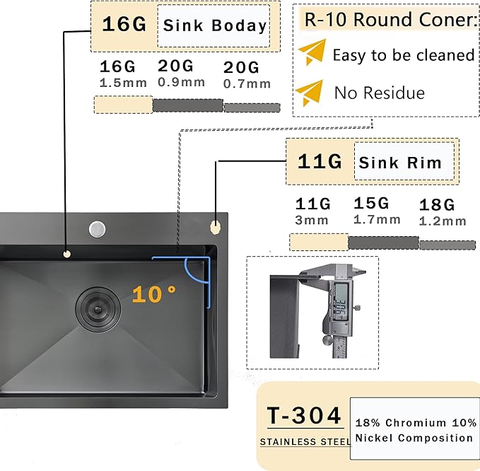 VCCUCINE 22x18 Inch Gunmetal Black Drop in Kitchen Sink,16 Gauge Topmount RV Small Kitchen Bar Sink,Stainless Steel Wet Bar Sink,Outdoor Single Bowl,Laundry Prep Sink