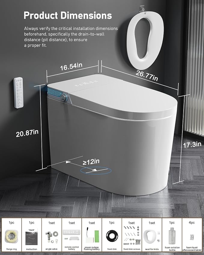 Smart Toilet with Bidet Built-in: Toilet Bidet with 4 Wash Modes, Dryer, Child Seat, One Piece Toilet with Auto Flush Lid&Seat, Dual Flush, UV-C Night Light, Remote, Foot Sensor, Heated Seat