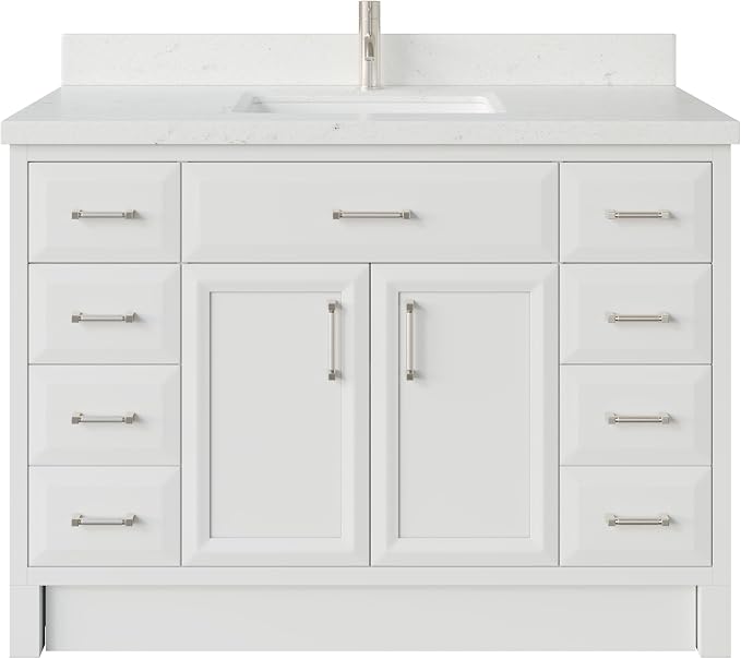 Capri III 48" Single Sink Bathroom Vanity With Stealth Organizer, Solid Wood Bathroom Cabinet with Engineered Stone Countertop & Backspalsh, Soft Closing Door & Drawer, Pre-Assembled, White