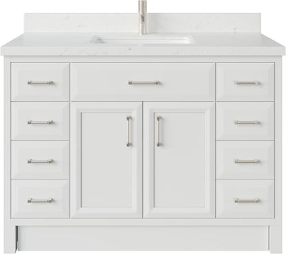 Capri III 48" Single Sink Bathroom Vanity With Stealth Organizer, Solid Wood Bathroom Cabinet with Engineered Stone Countertop & Backspalsh, Soft Closing Door & Drawer, Pre-Assembled, White