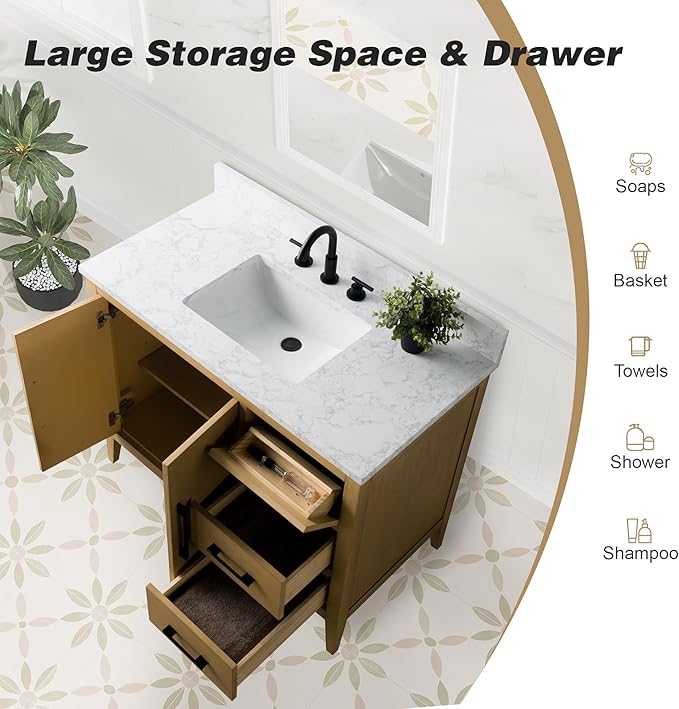 HomeBeyond 42 Inch Bathroom Vanity with Sink & Ceramic Top, Single Vanity Cabinet with Basin, Soft-Closing Doors & Matte Black Hardware, Natural Oak