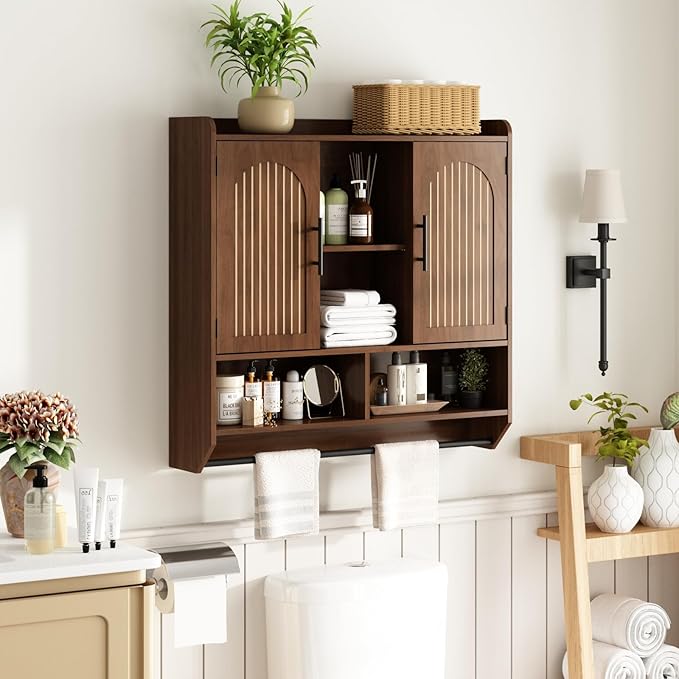 RUSTOWN Fluted Bathroom Wall Cabinet, Mid-Century Modern Medicine Cabinet with Adjustable Shelves & Towel Bar,3-Tier Wall Mounted Cabinets, Over The Toilet Storage Cabinets for Bathroom, Dark Walnut