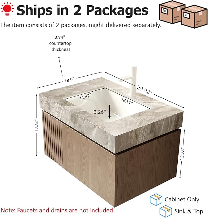 Ambrovina 30" Floating Bathroom Vanity with Sink, Modern Plywood Bathroom Storage Cabinet with Drawer and Door, Gray Sintered Stone Countertop and White Ceramic Basin, Pre-Assembled, Light Brown