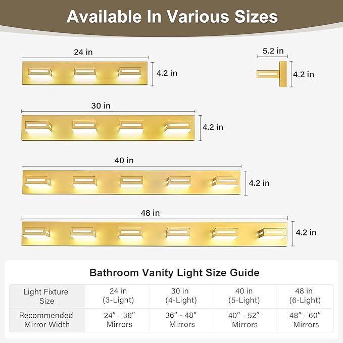 LED Modern Bathroom Light Fixtures, 4-Light 30-Inch Gold Vanity Lights for Bathroom Lighting Fixtures Over Mirror, 350° Rotatable Acrylic, 6000K Cool White Wall Lamp