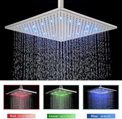 Ceiling Mount Shower Faucet Set 12 Inch LED Rainfall Shower Head Bathroom Rainfall Shower System with Handheld Spray Rough-in Valve Body and Trim Included, Chrome Finished