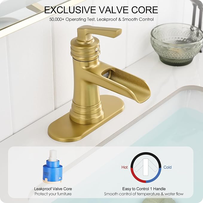 Brushed Gold Bathroom Faucets One Hole, Brass Waterfall Bathroom Sink Faucet 3 Hole 4 Inch With Pop-up Drain, Deck Plate, Pre-Installed cUPC Hose for Farmhouse, Lavatory, 5 Mins Quick Install