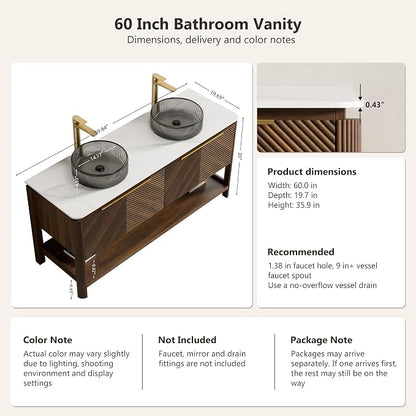 Yayzy 60 Inch Double Sink Bathroom Vanity, Dark Walnut Bathroom Cabinet with Double Smoky Gray Glass Vessel Sinks, Carrara White Sintered Stone Countertop, Soft Close Doors, Open Storage Shelf