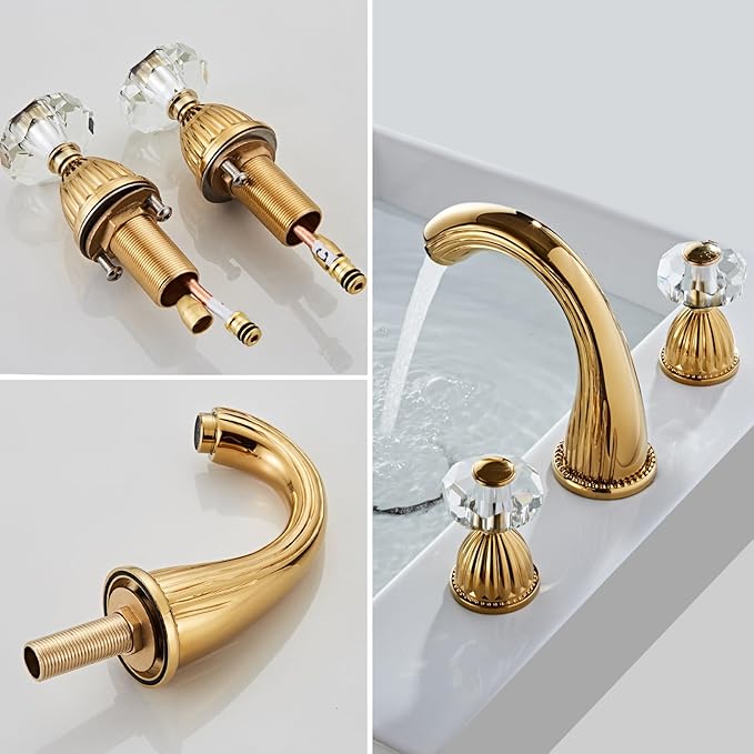 Gold Bathroom Faucet Antique Brass Three Holes Widespread Crystal Handle Bathroom Sink Faucets Retro Vintage Lavatory Vanity Faucet