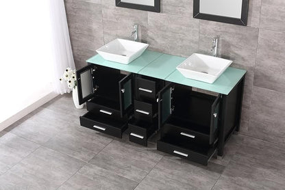 Black 60 Inch Bathroom Double Vanity Cabinet w/Mirror Top Glass and Countertop Double Ceramic Vessel Sink Combo