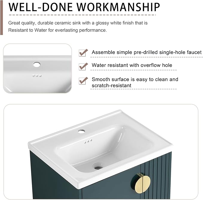 SSLine 24" Wall-Mount Bathroom Vanity Modern Floating Bathroom Vanity Set with Ceramic Sink Basin & Storage Cabinet 24-Inch Luxury Green Small Bathroom Vanities with Round Metal Handles