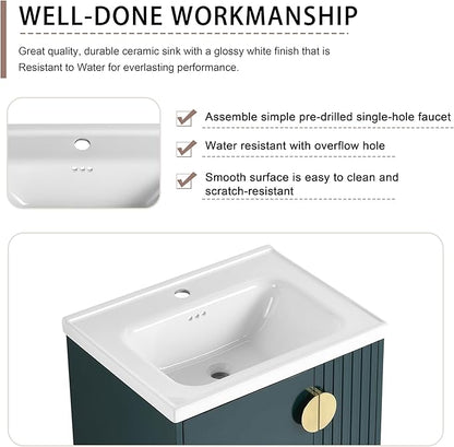 SSLine 24" Wall-Mount Bathroom Vanity Modern Floating Bathroom Vanity Set with Ceramic Sink Basin & Storage Cabinet 24-Inch Luxury Green Small Bathroom Vanities with Round Metal Handles