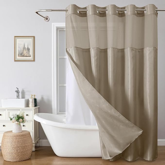 eachope Extra Long No Hook Shower Curtain with Snap-in Liner,71x86,Tan | Boho Arch Textured,230GSM Thick Fabric,Sheer Window,Magnetic Weighted Hem,Waterproof & Machine Washable,for Bathroom,Hotel