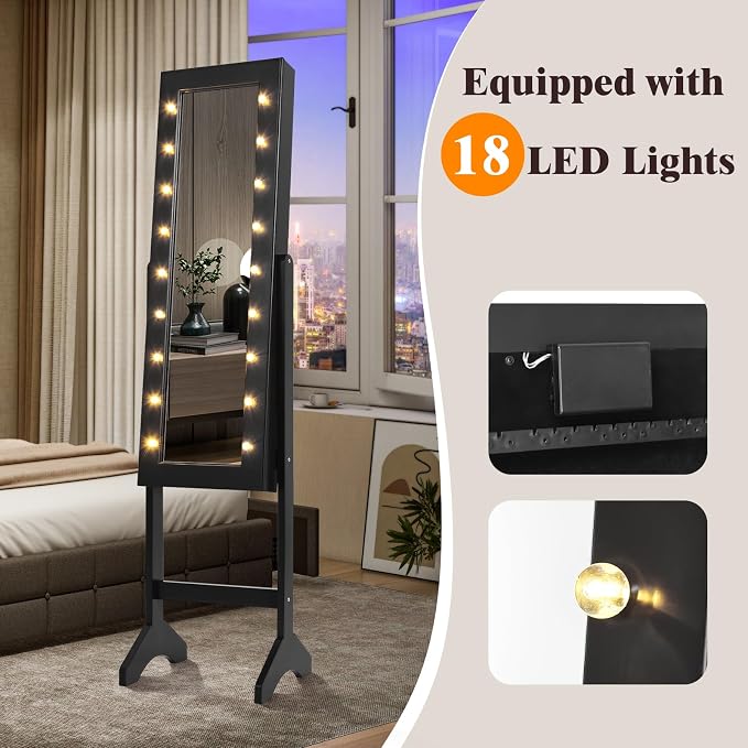 NAFORT 18 LED Lights Standing Mirror Jewelry Cabinet, Large Storage Mirror Full Length, Jewelry Armoire with Lipstick Holders, Shelves, Earring Notches, Inside Makeup Mirror (Black)