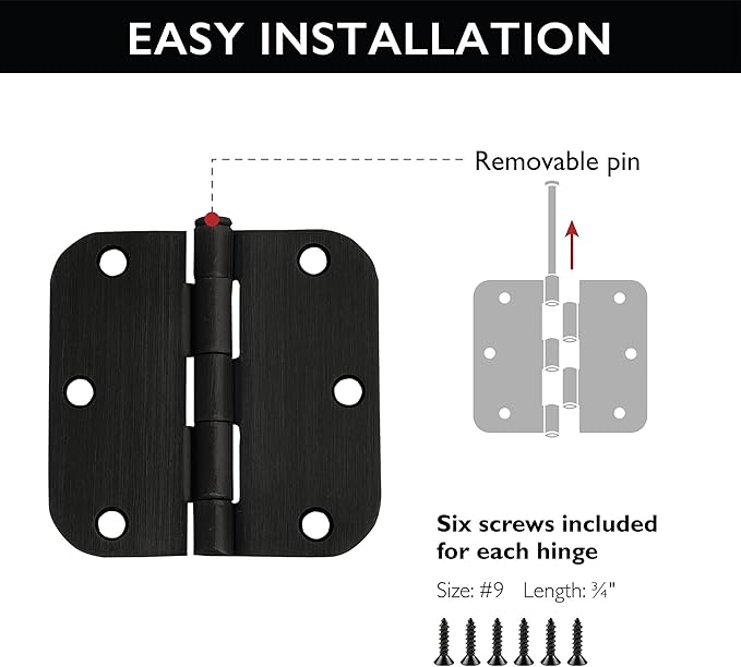 Design House Door Hinge, 3.5 in x 3.5 in, 5/8 in Radius, Interior, Rounded Steel, Removable Pin, Pre-Lubricated, Easy to Install, Oil Rubbed Bronze Finish, 9 Pack, 191114