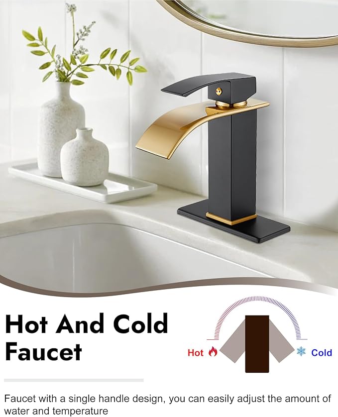 Midanya Bathroom Faucet with Waterfall Spout, Single Hole or 3-Hole Deck Mount, 304 Stainless Steel Sink Faucet with Pop-Up Drain, RV Vanity Compatible,Brushed Gold Spout/Matte Black