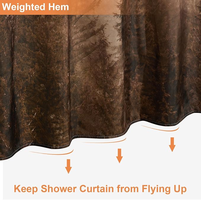 ORTIGIA Brown Misty Forest Shower Curtain for Bathroom, Nature Woodland Shower Curtain Set with Hooks, Decorative Pine Tree Fog Magic Bath Curtain for Home, Waterproof Fabric, Weighted, 72x72