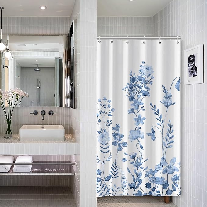 AWERT Small Half Size Stall Shower Curtain with 6 Hooks Shower Stall Curtain 36 x 72 Light Blue Floral 36 inch Shower Curtain for Bathroom/RV and Camper (Light Blue)