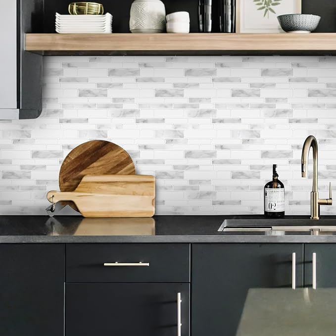 10 Sheets Peel and Stick Backsplash, 12"x12" Peel and Stick Tiles, Marble Look Wall Tiles Backsplash for Kitchen and Bathroom, Livingroom,White and Gray