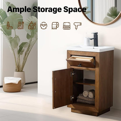 Vanity Art 20 inch Bathroom Vanity with Sink, Small Vanity Cabinet with Doors and Removable Shelf, Modern Wood Cabinet with Marble Top, Solid Wood Frame, Ceramic Sink, Tan VA7020
