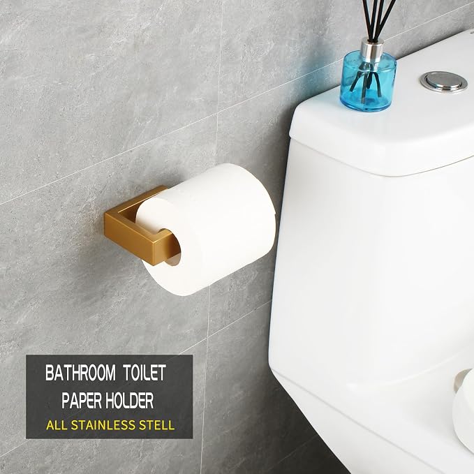 GERZWY Bathroom 2-Piece Accessory Set Gold Stainless Steel Toilet Paper Holder Towel Ring Wall Mount