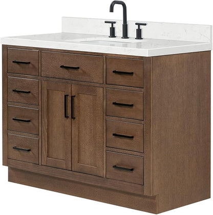 Isabella 48-Inch Brown Oak Single Bathroom Vanity with Sink, 1.5-Inch Edge Carrara White Quartz Countertop & 4" Backsplash, Soft-Closing Doors & Drawers, Solid Oak Wood Construction