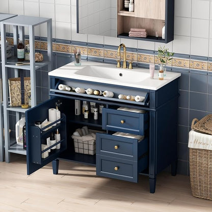 36'' Bathroom Vanity with Top Single Resin Sink Countertop Combo, Solid Wood Frame Modern Organizer Storage Cabinet, Tip-Out Drawer, Soft Closing Doors, Free Standing, Blue