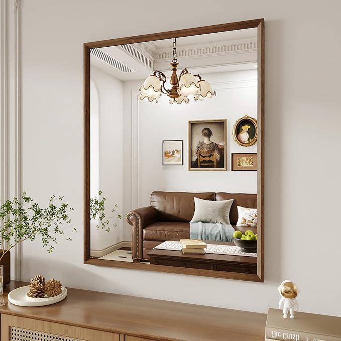 WEER Walnut Bathroom Mirror 28X36 Inch Rectangle | Walnut Wood Grain Framed, Tempered Glass, Anti-Rust, Wall Mounted, Hangs Vertically or Horizontally