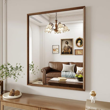 WEER Walnut Bathroom Mirror 28X36 Inch Rectangle | Walnut Wood Grain Framed, Tempered Glass, Anti-Rust, Wall Mounted, Hangs Vertically or Horizontally