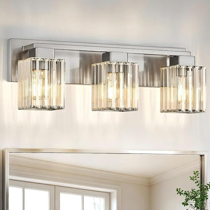 Brushed Nickel Bathroom Light Fixtures, 3-Light Vanity Light Over Mirror | Wall Sconces with Square Crystal Shades, E26 Socket, Modern Vanity Lights for Bathroom (Bulbs Not Included)