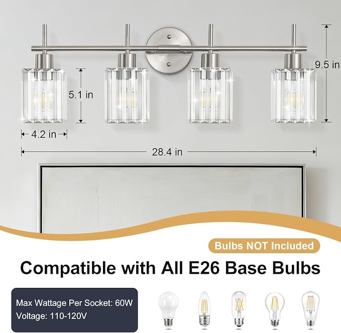 Brushed Nickel Bathroom Light Fixtures, Square, 4-Light | Vanity Lights with Crystal Shades, Modern Bathroom Lighting Fixtures over Mirror (Bulbs Not Included, E26)