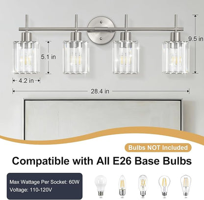Brushed Nickel Bathroom Light Fixtures, Square, 4-Light | Vanity Lights with Crystal Shades, Modern Bathroom Lighting Fixtures over Mirror (Bulbs Not Included, E26)