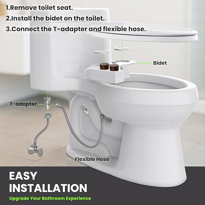 Toilet Bidet With Left/Right Side Reversible Design, Fresh Water, Non-Electric, Toilet Bidet Attachment, Right/Left Hand Side with Dual Nozzle, Self-Clean, Easy to Install (Brown Knob)
