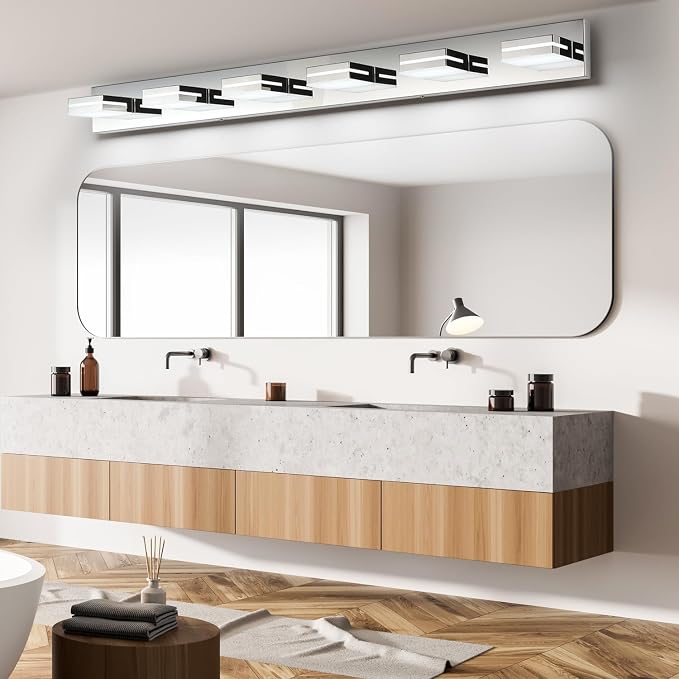 SineRise LED Modern Bathroom Vanity Light Fixtures, Modern Acrylic Bathroom Wall Lighting Fixtures Over Mirror, 6-Light, 48-Inch, Chrome, White
