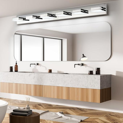 SineRise LED Modern Bathroom Vanity Light Fixtures, Modern Acrylic Bathroom Wall Lighting Fixtures Over Mirror, 6-Light, 48-Inch, Chrome, White