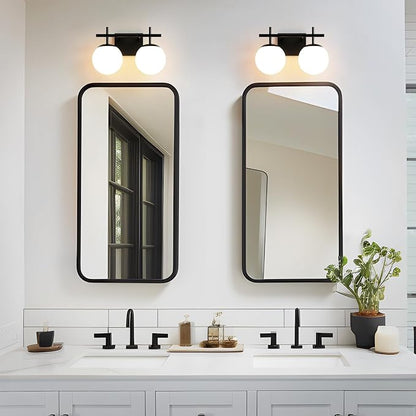 AIJIASI Black Bathroom Light Fixture Over Mirror, 2-Lights Vanity Lights with Milky White Frosted Glass Shade Mid Century Farmhouse Light Fixtures for Bathroom Above Mirror (Exclude E26 Bulb)