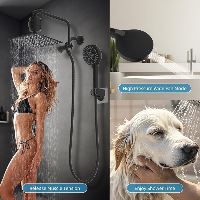10" Metal Filtered Shower Head with 10-Mode Handheld, Matte Black | NSF/ANSI/CAN 372 Certified, High Pressure Showerhead Combo, 20 Stage Shower Filter, 11" Shower Arm, 71" Hose, Shower Holder