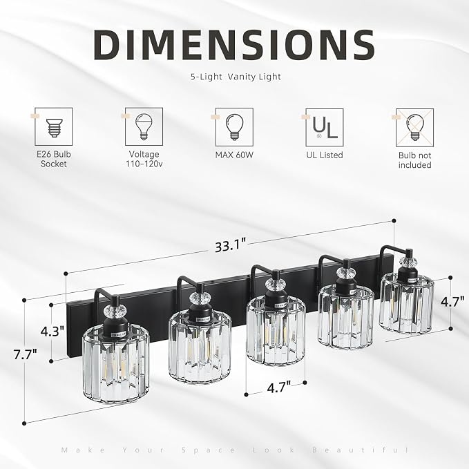 5-Light Black Bathroom Light Fixtures Over Mirror Modern Vanity Lights Crystal Wall Sconce Vintage Bathroom Lighting with Crystal Shade E26 Base for Bedroom, Living Room, Hallway