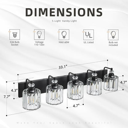 5-Light Black Bathroom Light Fixtures Over Mirror Modern Vanity Lights Crystal Wall Sconce Vintage Bathroom Lighting with Crystal Shade E26 Base for Bedroom, Living Room, Hallway