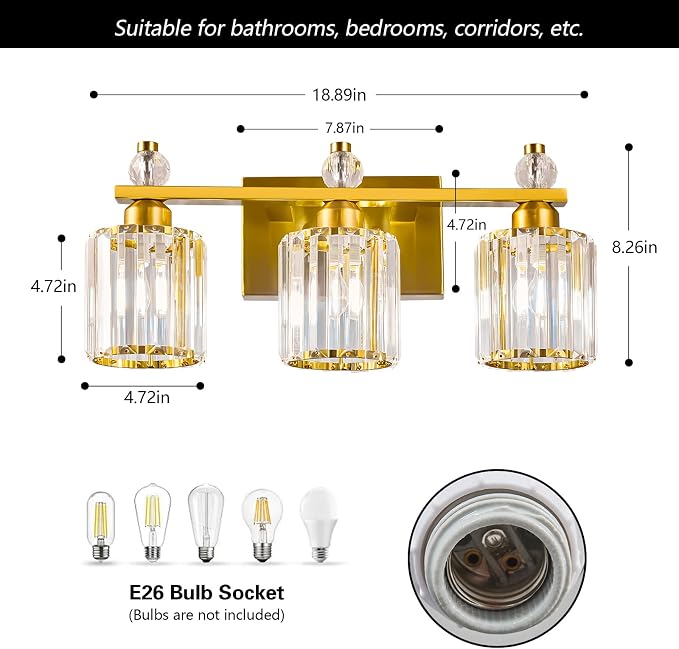 Bathroom Vanity Lights 3-Light Gold Modern Crystal Vanity Light Fixtures Over Mirror Crystal Bathroom Vanity Lighting Fixtures