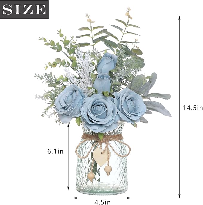 14.5"Faux Flowers with Vase,Artificial Silk Roses in Vase(Dusty Blue) | Realistic Fake Plant Faux Eucalyptus,Flower Arrangement for Home Office Farmhouse Bathroom Dining Table Centerpiece Decor