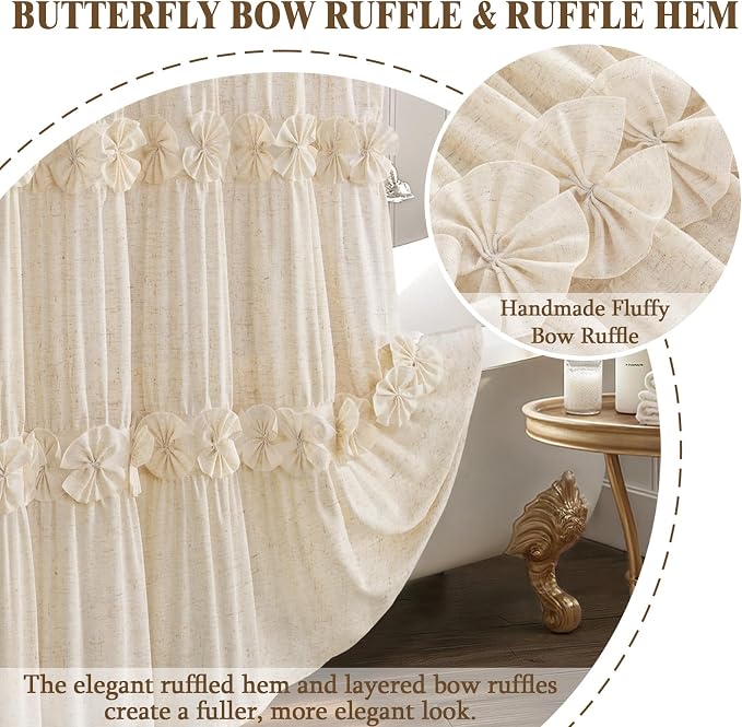 Ruffle Farmhouse Linen Shower Curtain with Vintage Bow 72" W x 72" H | Linen Blend Fabric, Ruffle Bow and Ruffled Hem，Linen Texture，Machine Washable，12 Metal Holes and Plastic Hooks