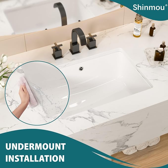 White Ceramic 20"x15" Undermount Bathroom Lavatory Sink | Rectangle under counter white bathroom vessel sink for bathroom