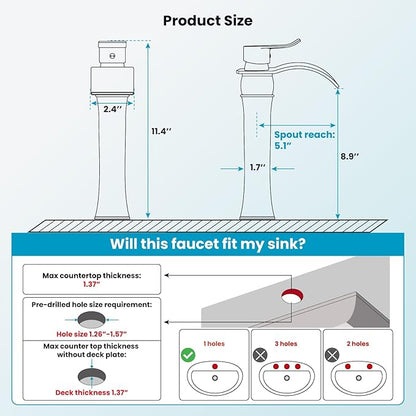 gotonovo Waterfall Vessel Sink Faucet for Sink 1 Hole,Single Handle Tall Bathroom Sink Faucet,Brass Waterfall Bathroom Faucet Arc Body Mixer Tap with Pop Up Drain and Supply Line,Matte Black