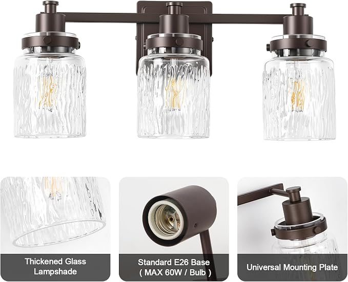 3 Light Bathroom Vanity Light Fixtures Farmhouse Oil Rubbed Bronze | ETL Certificate, Easy to Install,Wall Mount Up or Down,Hammered Glass Lampshade,E26 Socket,Hardwired,120V