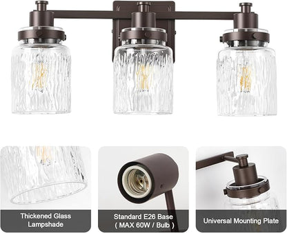 3 Light Bathroom Vanity Light Fixtures Farmhouse Oil Rubbed Bronze | ETL Certificate, Easy to Install,Wall Mount Up or Down,Hammered Glass Lampshade,E26 Socket,Hardwired,120V