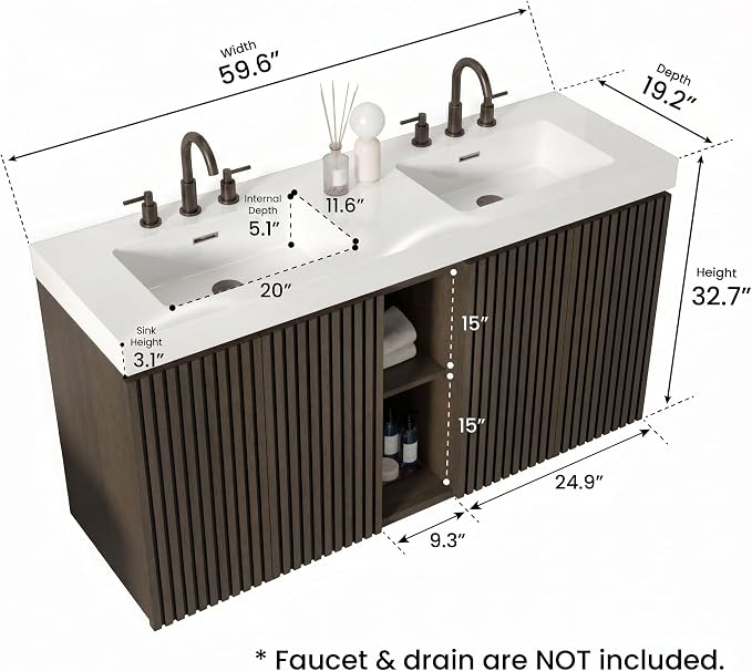 60" Double Bathroom Vanity with Sink (8" Widespread Faucet Holes Predrilled), Mid Century Modern Bathroom Cabinet with 4 Doors & Shelves, White Integrated Sink with Overflow, Dark Oak